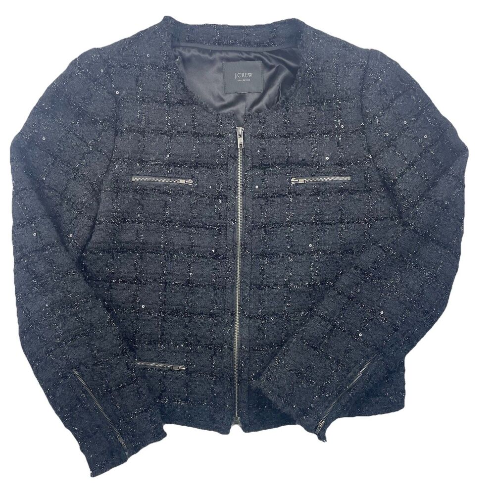 J. Crew Collection Classic Tweed Sequence Zip Jacket Black-M